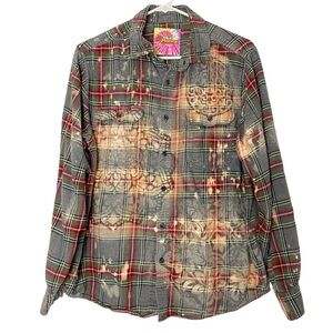 Handmade Floral Flannel Shirt Mens Size Medium Large Bleached Plaid Button Down